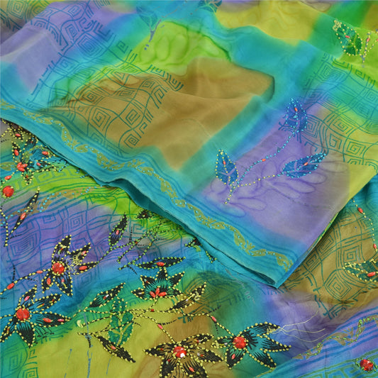 Sanskriti Vintage Sarees Pure Crepe Hand Beaded French Knot Printed Sari Sustainable Fabric