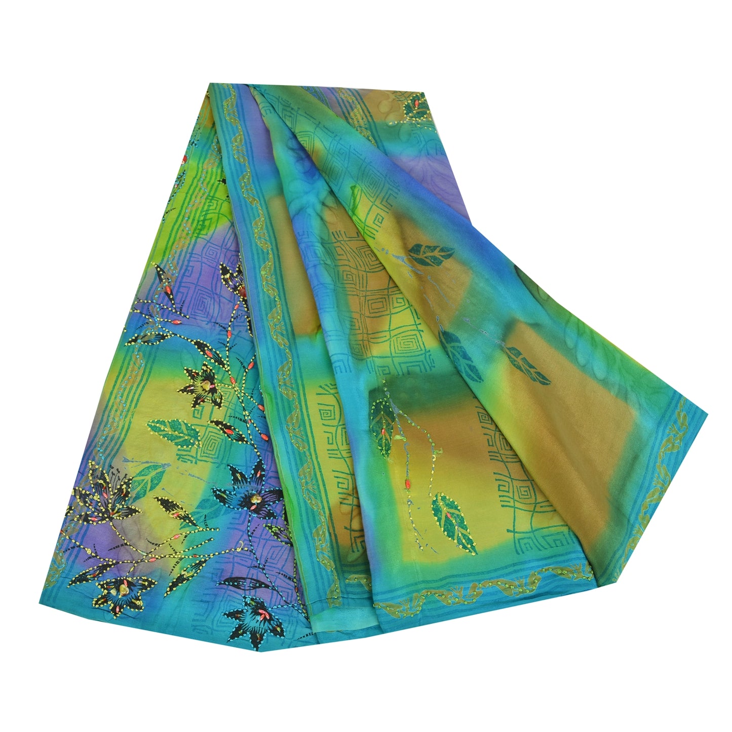 Sanskriti Vintage Sarees Pure Crepe Hand Beaded French Knot Printed Sari Sustainable Fabric