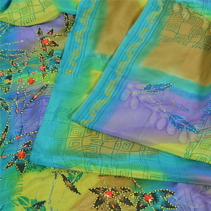 Sanskriti Vintage Sarees Pure Crepe Hand Beaded French Knot Printed Sari Sustainable Fabric