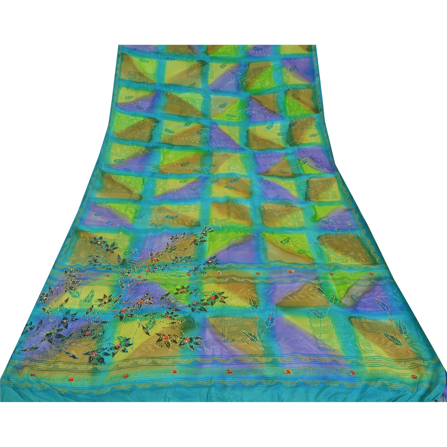 Sanskriti Vintage Sarees Pure Crepe Hand Beaded French Knot Printed Sari Sustainable Fabric