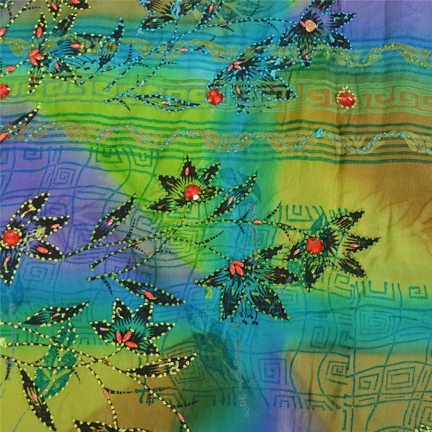 Sanskriti Vintage Sarees Pure Crepe Hand Beaded French Knot Printed Sari Sustainable Fabric