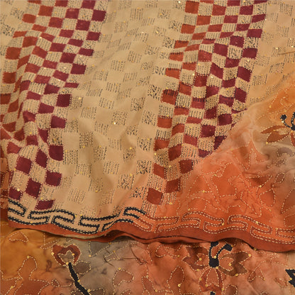 Sanskriti Vintage Sarees Pure Crepe Hand Beaded Kantha Printed Sari 5yd Sustainable Fabric