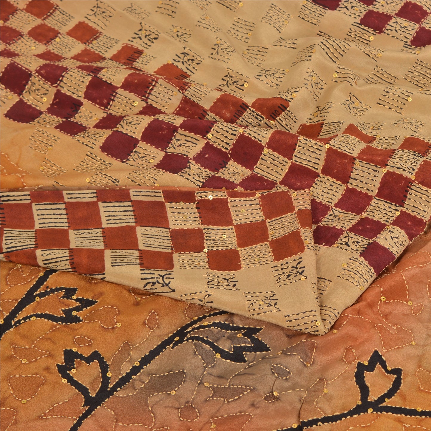 Sanskriti Vintage Sarees Pure Crepe Hand Beaded Kantha Printed Sari 5yd Sustainable Fabric