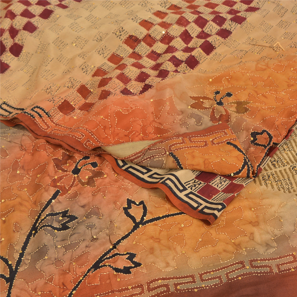 Sanskriti Vintage Sarees Pure Crepe Hand Beaded Kantha Printed Sari 5yd Sustainable Fabric