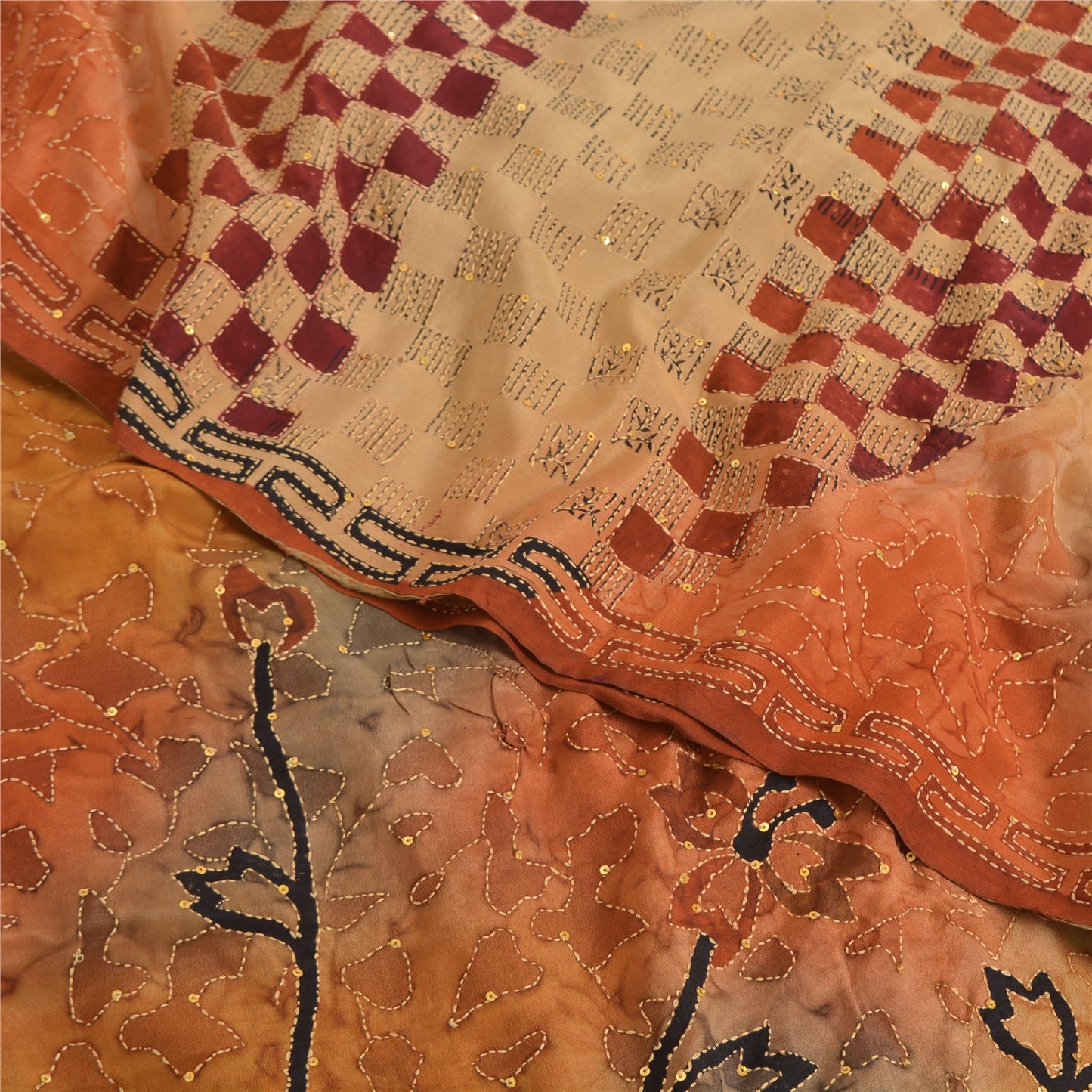 Sanskriti Vintage Sarees Pure Crepe Hand Beaded Kantha Printed Sari 5yd Sustainable Fabric