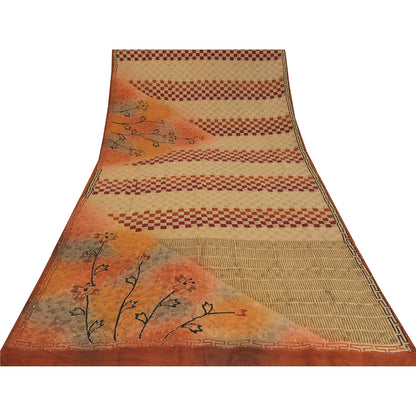 Sanskriti Vintage Sarees Pure Crepe Hand Beaded Kantha Printed Sari 5yd Sustainable Fabric