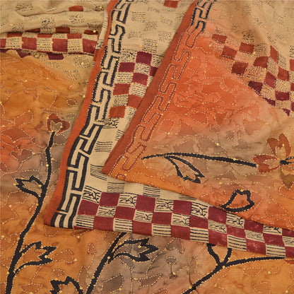 Sanskriti Vintage Sarees Pure Crepe Hand Beaded Kantha Printed Sari 5yd Sustainable Fabric