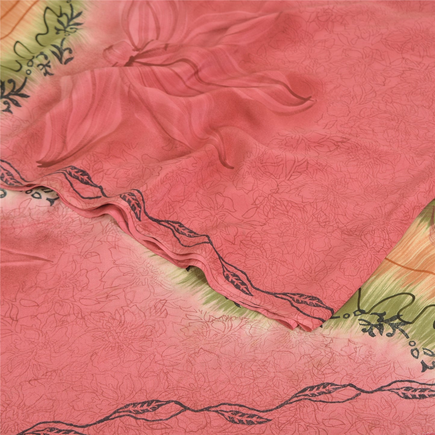 Sanskriti Vintage Saree Pink 100% Pure Crepe Silk Floral Printed Sari 5.5+Yd Craft Fabric Create Dresses, Kaftan, Skirt, Tops, Projects
