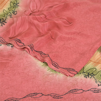 Sanskriti Vintage Saree Pink 100% Pure Crepe Silk Floral Printed Sari 5.5+Yd Craft Fabric Create Dresses, Kaftan, Skirt, Tops, Projects