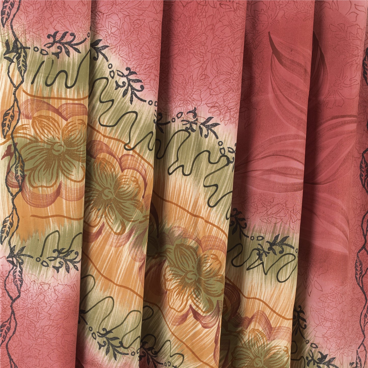 Sanskriti Vintage Saree Pink 100% Pure Crepe Silk Floral Printed Sari 5.5+Yd Craft Fabric Create Dresses, Kaftan, Skirt, Tops, Projects