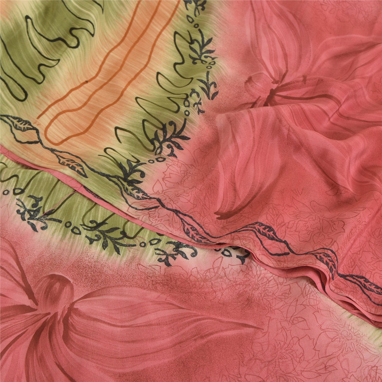 Sanskriti Vintage Saree Pink 100% Pure Crepe Silk Floral Printed Sari 5.5+Yd Craft Fabric Create Dresses, Kaftan, Skirt, Tops, Projects