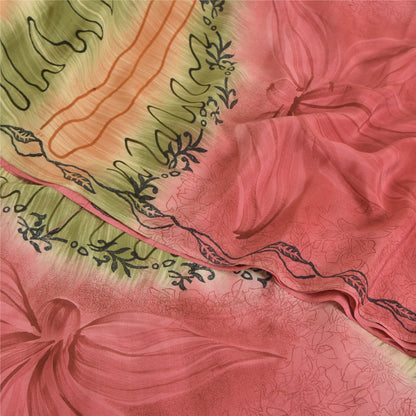 Sanskriti Vintage Saree Pink 100% Pure Crepe Silk Floral Printed Sari 5.5+Yd Craft Fabric Create Dresses, Kaftan, Skirt, Tops, Projects