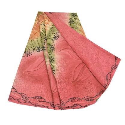 Sanskriti Vintage Saree Pink 100% Pure Crepe Silk Floral Printed Sari 5.5+Yd Craft Fabric Create Dresses, Kaftan, Skirt, Tops, Projects