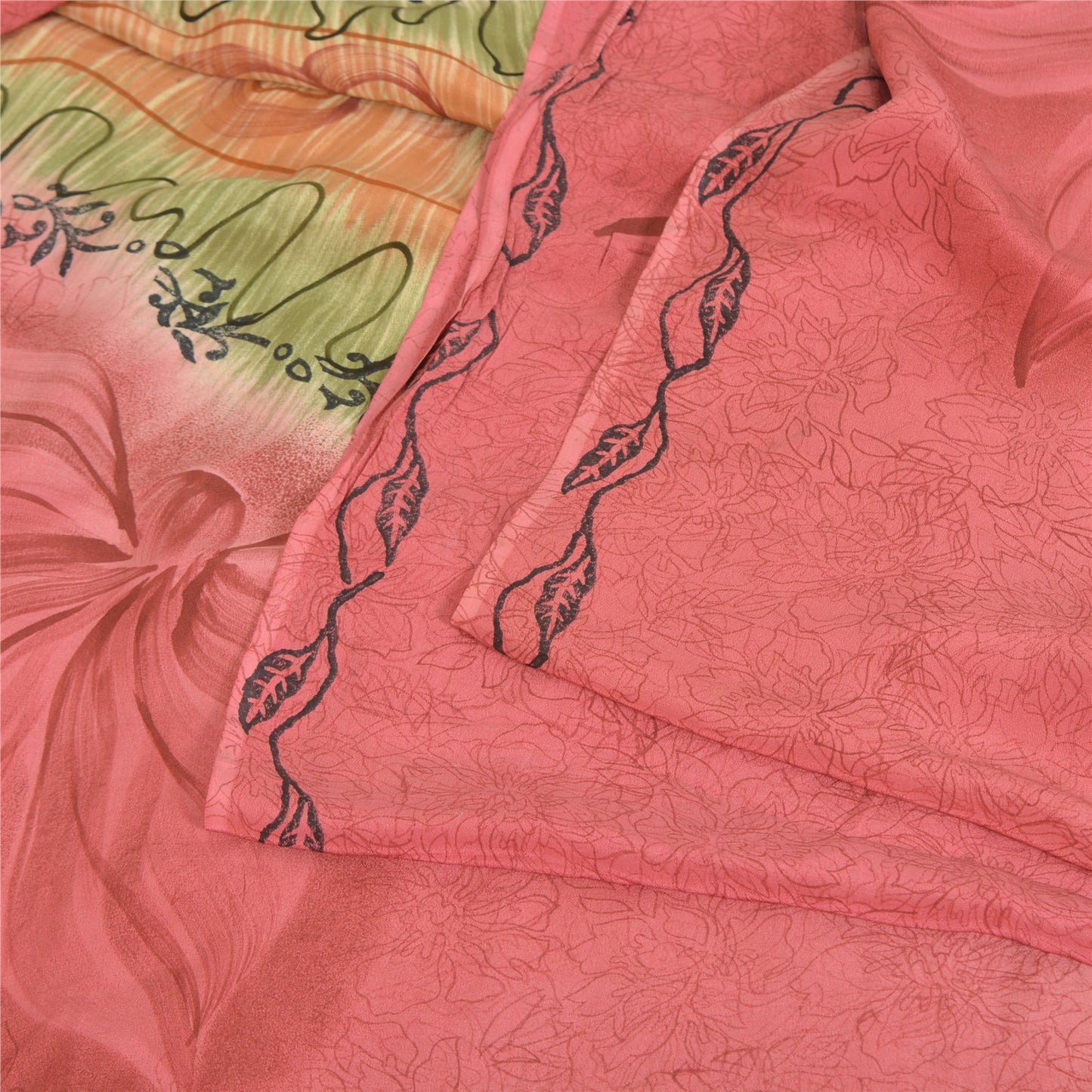 Sanskriti Vintage Saree Pink 100% Pure Crepe Silk Floral Printed Sari 5.5+Yd Craft Fabric Create Dresses, Kaftan, Skirt, Tops, Projects