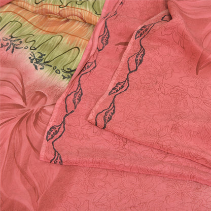 Sanskriti Vintage Saree Pink 100% Pure Crepe Silk Floral Printed Sari 5.5+Yd Craft Fabric Create Dresses, Kaftan, Skirt, Tops, Projects