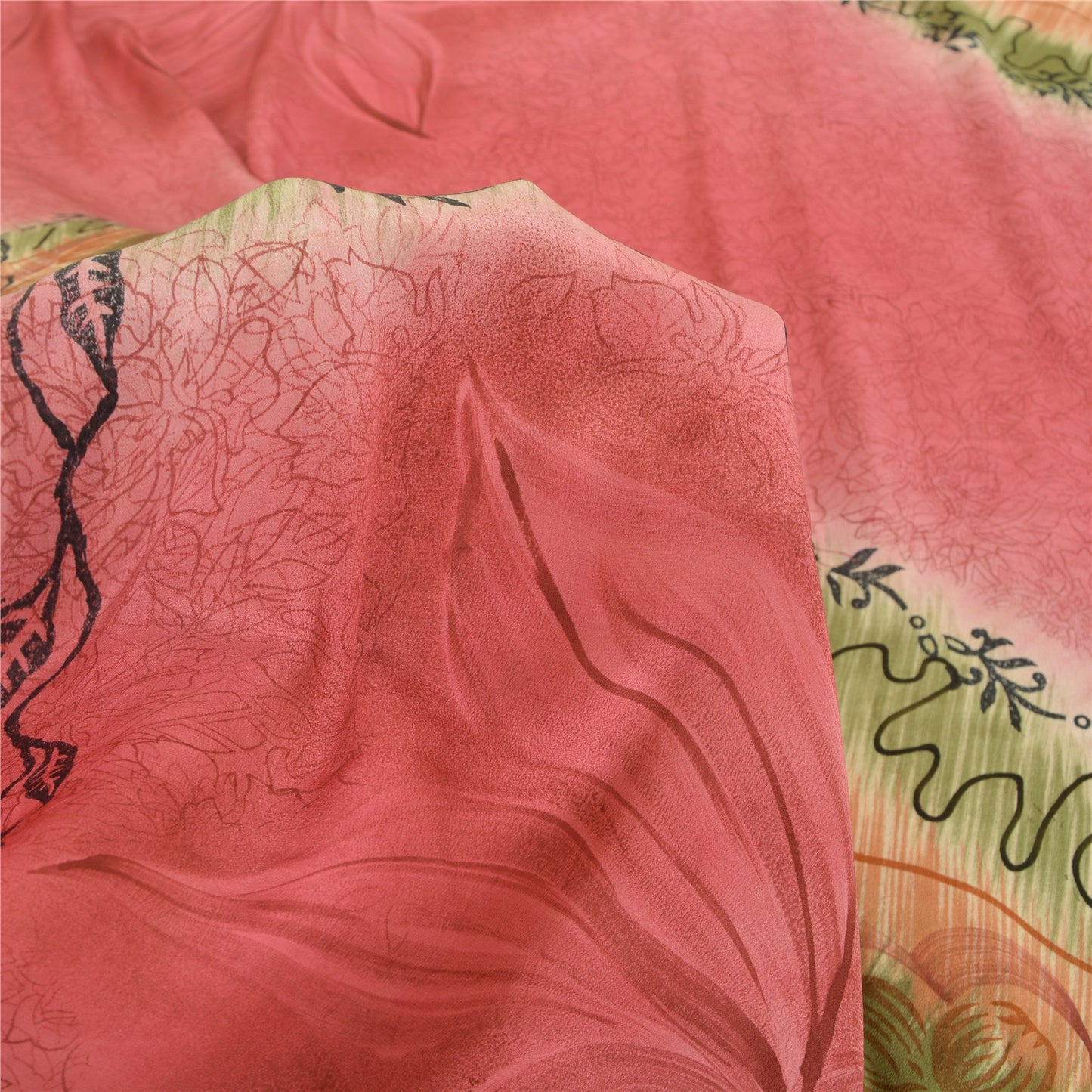Sanskriti Vintage Saree Pink 100% Pure Crepe Silk Floral Printed Sari 5.5+Yd Craft Fabric Create Dresses, Kaftan, Skirt, Tops, Projects