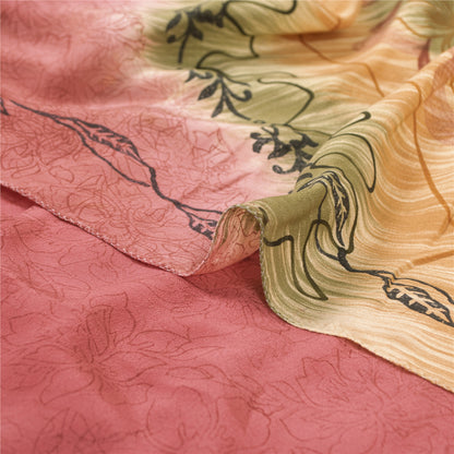Sanskriti Vintage Saree Pink 100% Pure Crepe Silk Floral Printed Sari 5.5+Yd Craft Fabric Create Dresses, Kaftan, Skirt, Tops, Projects