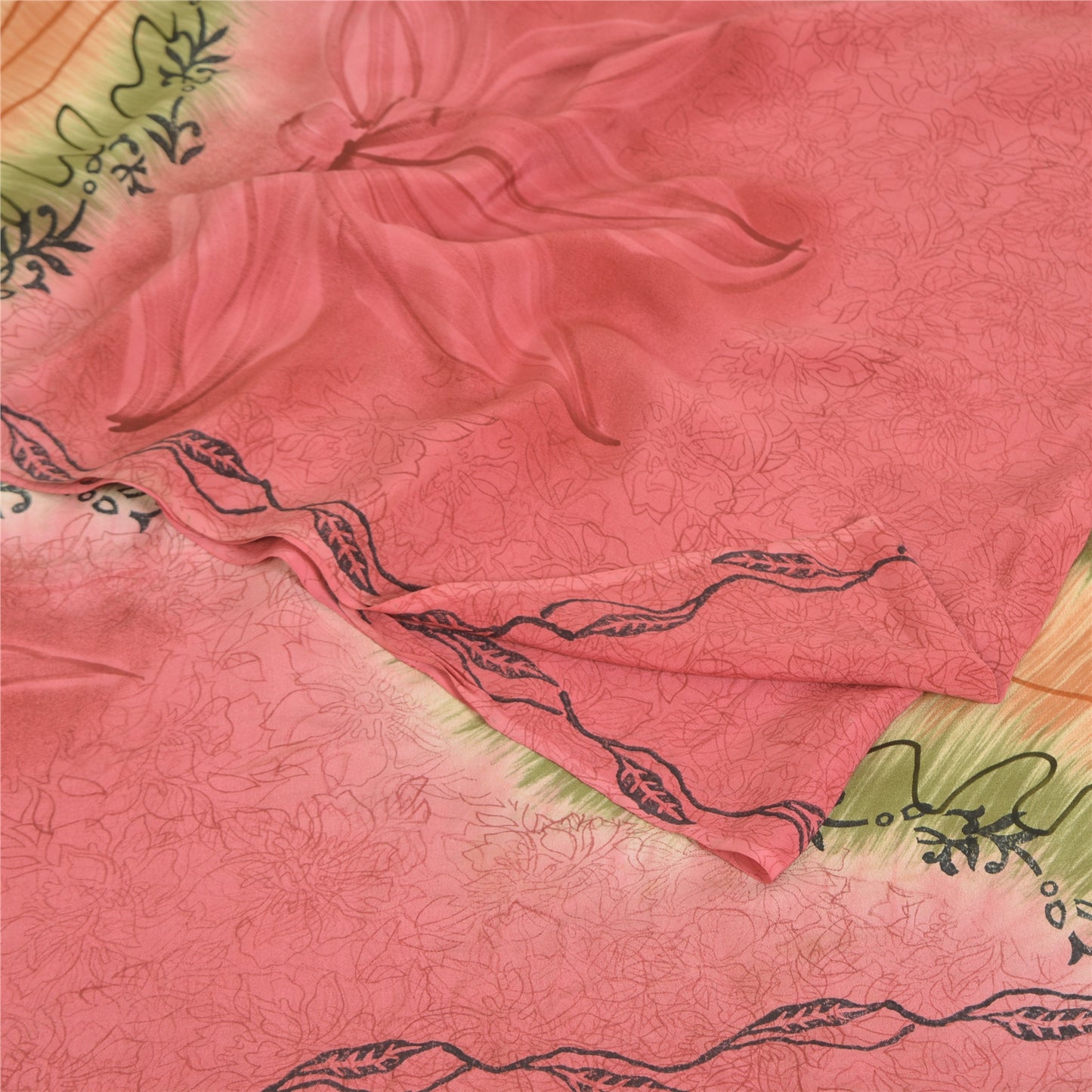 Sanskriti Vintage Saree Pink 100% Pure Crepe Silk Floral Printed Sari 5.5+Yd Craft Fabric Create Dresses, Kaftan, Skirt, Tops, Projects