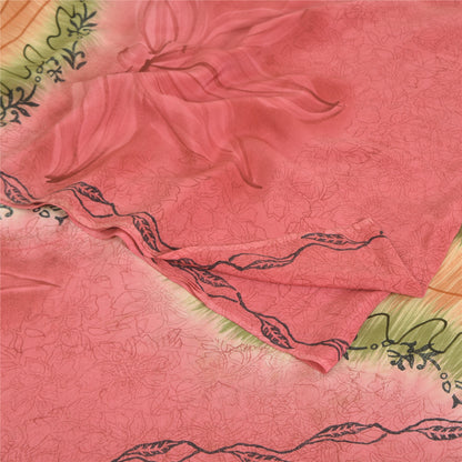 Sanskriti Vintage Saree Pink 100% Pure Crepe Silk Floral Printed Sari 5.5+Yd Craft Fabric Create Dresses, Kaftan, Skirt, Tops, Projects
