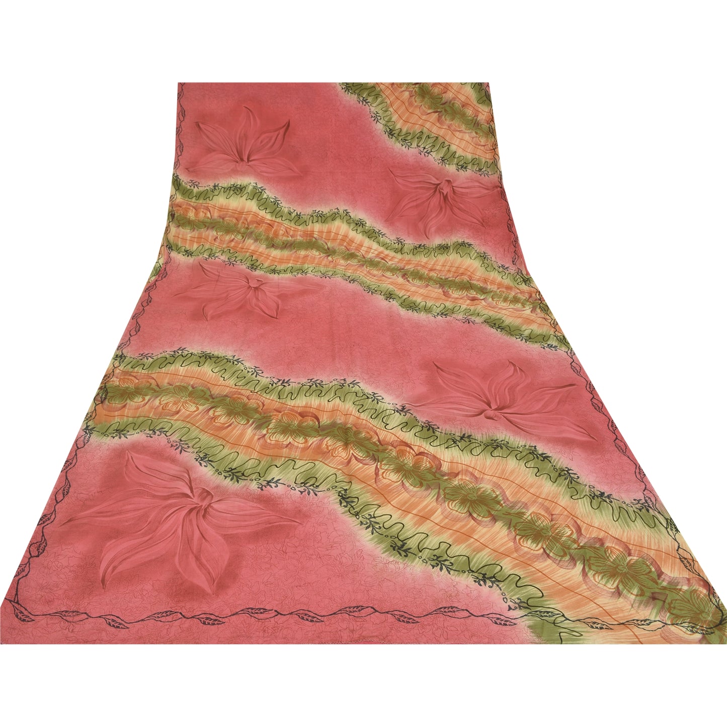 Sanskriti Vintage Saree Pink 100% Pure Crepe Silk Floral Printed Sari 5.5+Yd Craft Fabric Create Dresses, Kaftan, Skirt, Tops, Projects