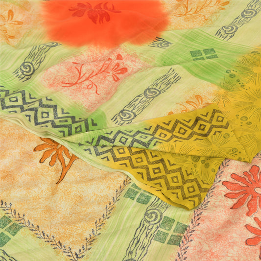 Sanskriti Vintage Sarees Multicolor Pure Crepe Silk Print Sari 5yd Craft Sustainable Fabric
