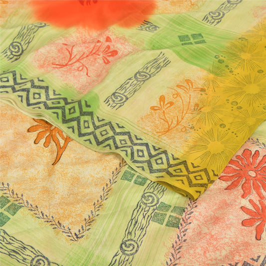 Sanskriti Vintage Sarees Multicolor Pure Crepe Silk Print Sari 5yd Craft Sustainable Fabric