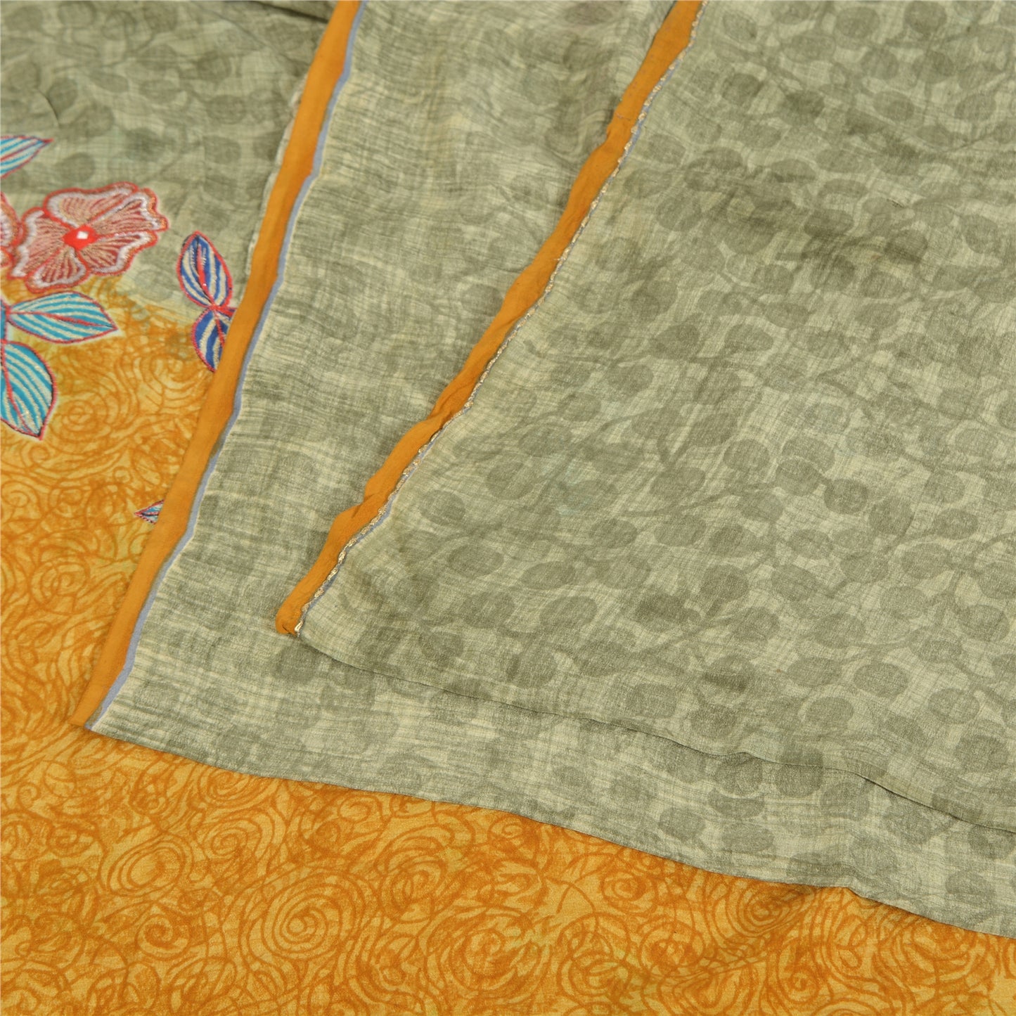 Sanskriti Vintage Sarees Pastel-Green Pure Crepe Printed Sari 5yd Craft Sustainable Fabric