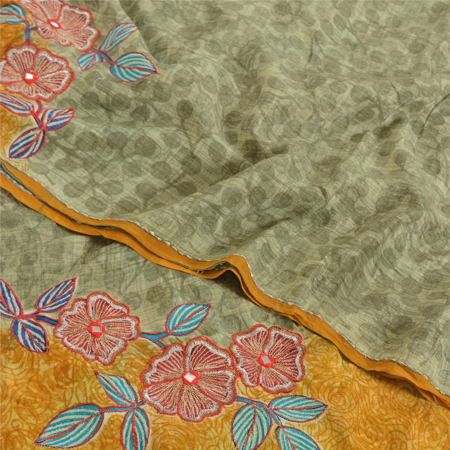 Sanskriti Vintage Sarees Pastel-Green Pure Crepe Printed Sari 5yd Craft Sustainable Fabric