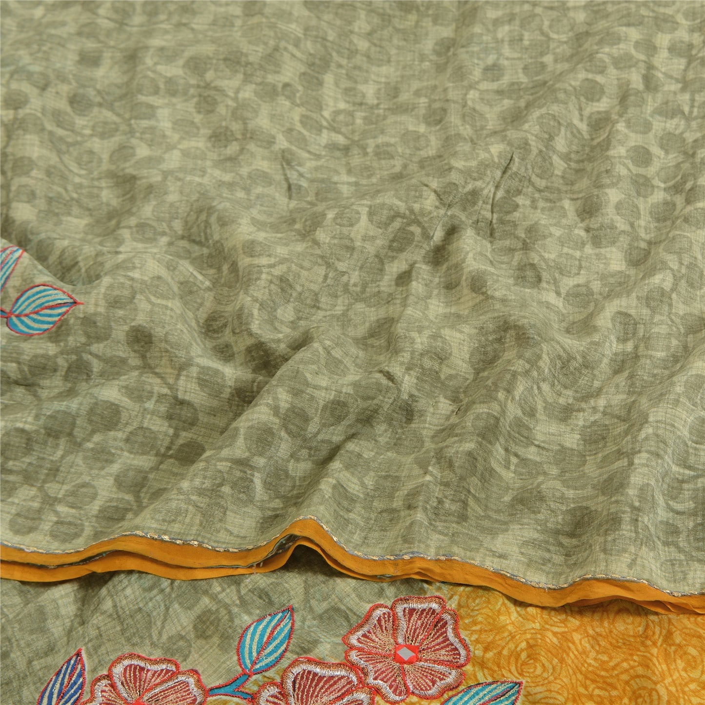 Sanskriti Vintage Sarees Pastel-Green Pure Crepe Printed Sari 5yd Craft Sustainable Fabric