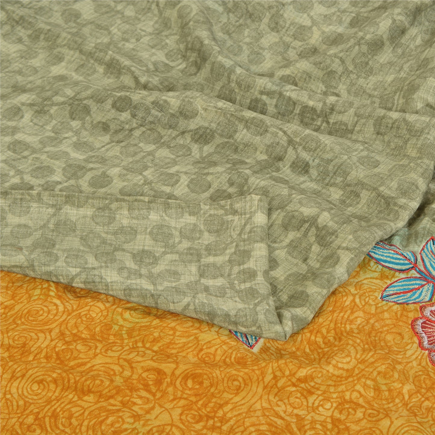 Sanskriti Vintage Sarees Pastel-Green Pure Crepe Printed Sari 5yd Craft Sustainable Fabric