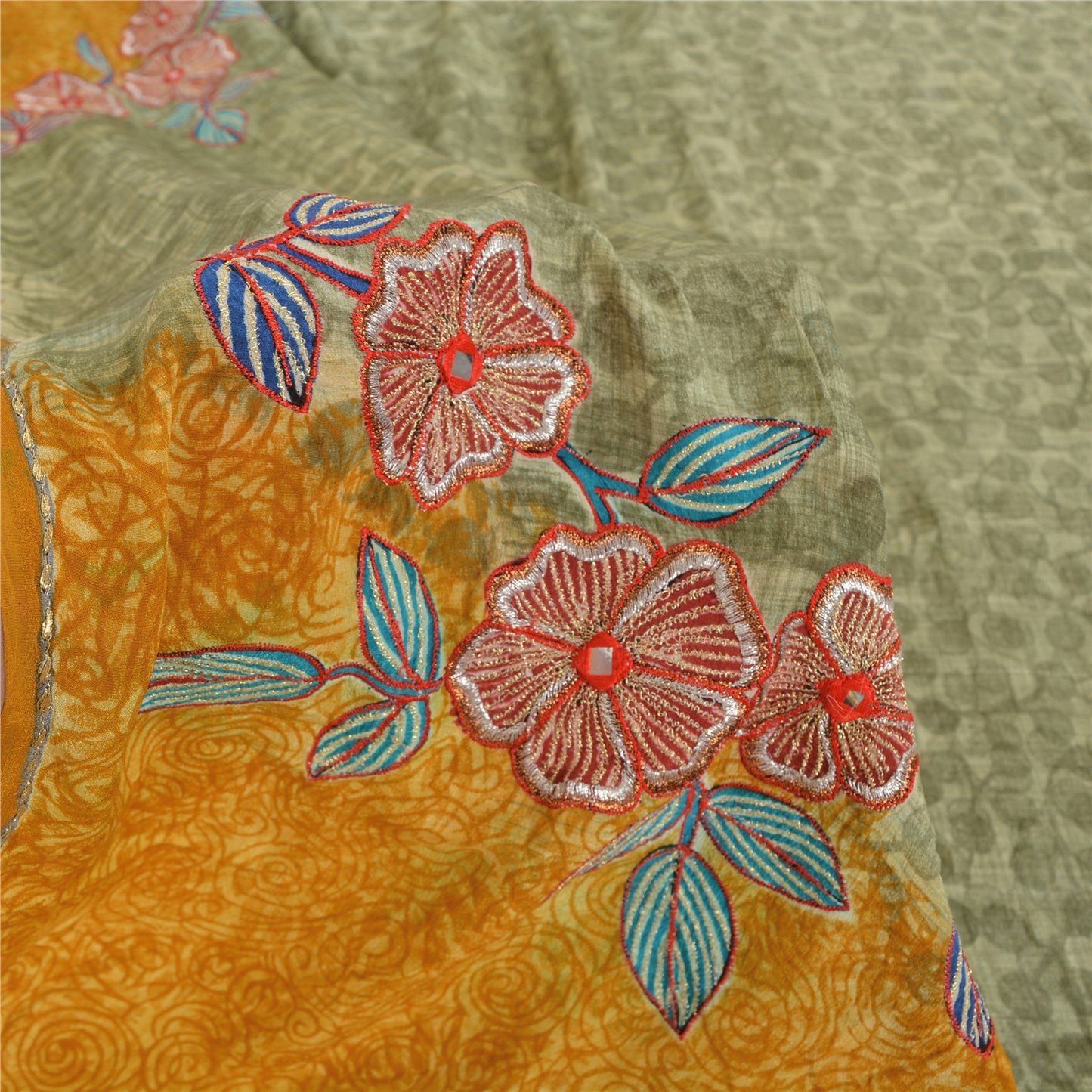 Sanskriti Vintage Sarees Pastel-Green Pure Crepe Printed Sari 5yd Craft Sustainable Fabric