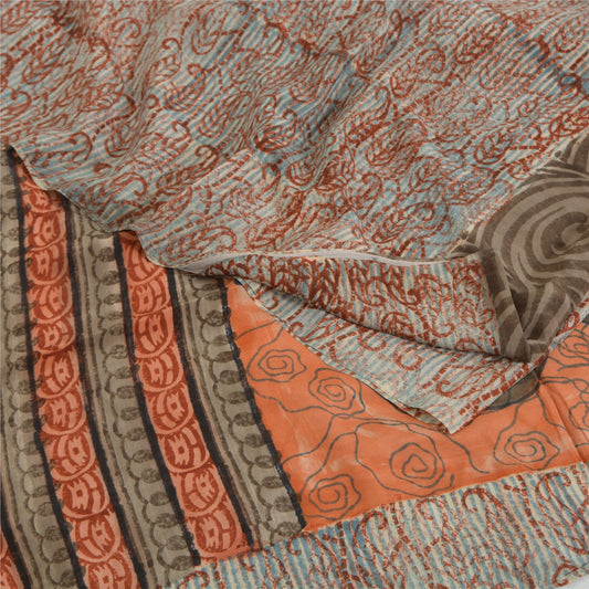 Sanskriti Vintage Sarees Multicolor Pure Crepe Silk Print Sari 5yd Craft Sustainable Fabric