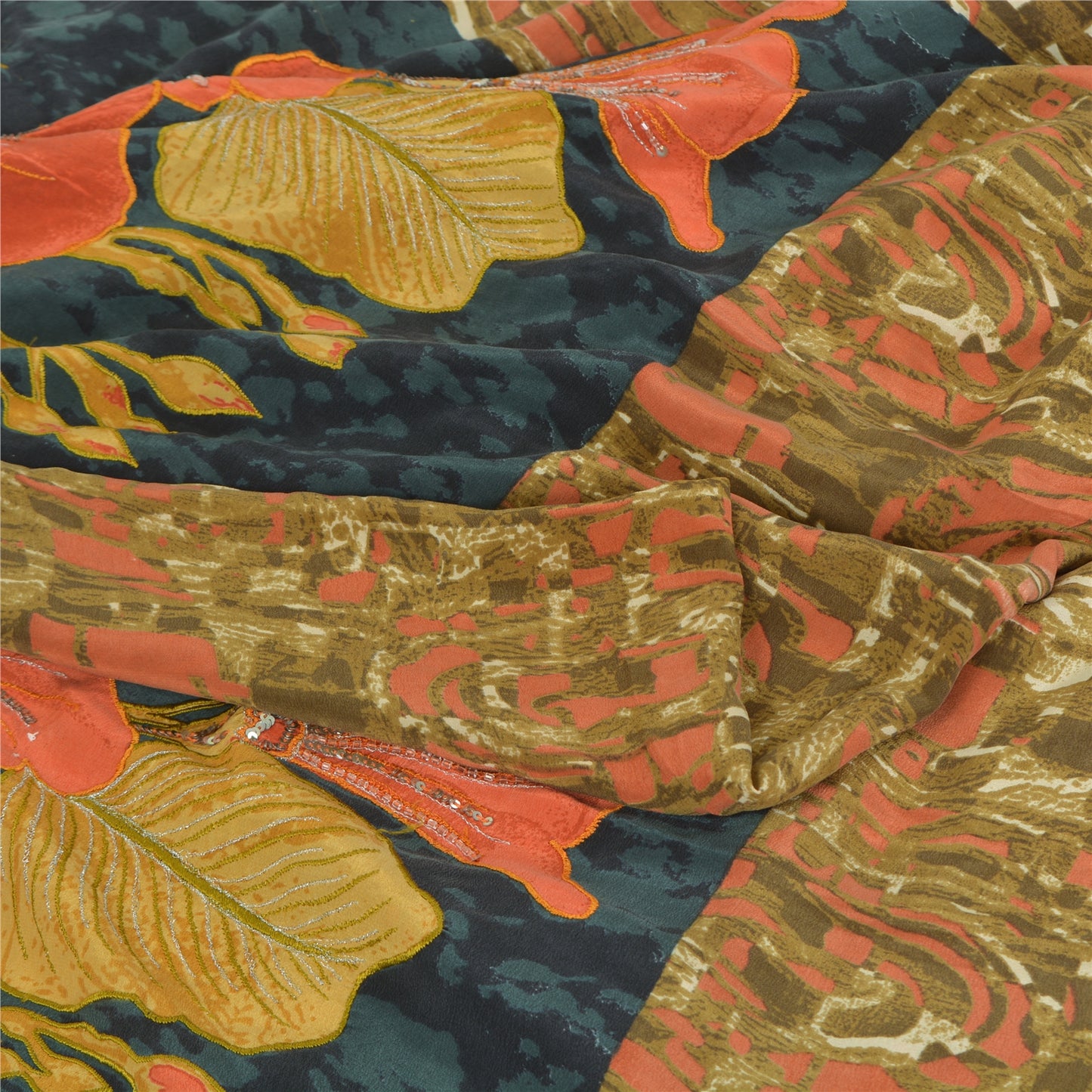 Sanskriti Vintage Sarees Green Embroidered Pure Crepe Printed Sari Craft Sustainable Fabric