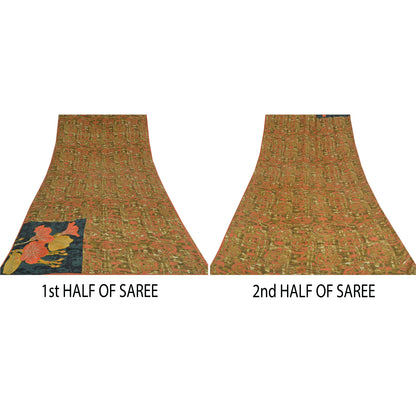 Sanskriti Vintage Sarees Green Embroidered Pure Crepe Printed Sari Craft Sustainable Fabric