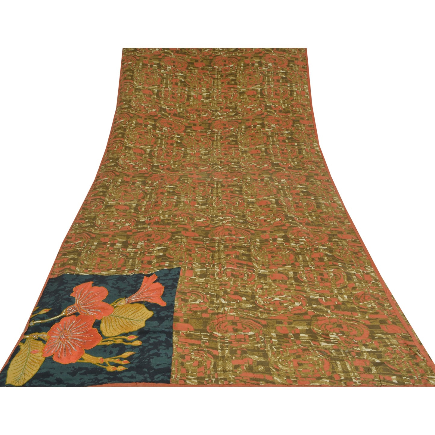 Sanskriti Vintage Sarees Green Embroidered Pure Crepe Printed Sari Craft Sustainable Fabric