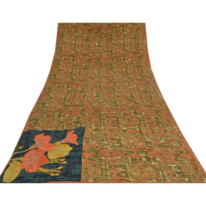 Sanskriti Vintage Sarees Green Embroidered Pure Crepe Printed Sari Craft Sustainable Fabric