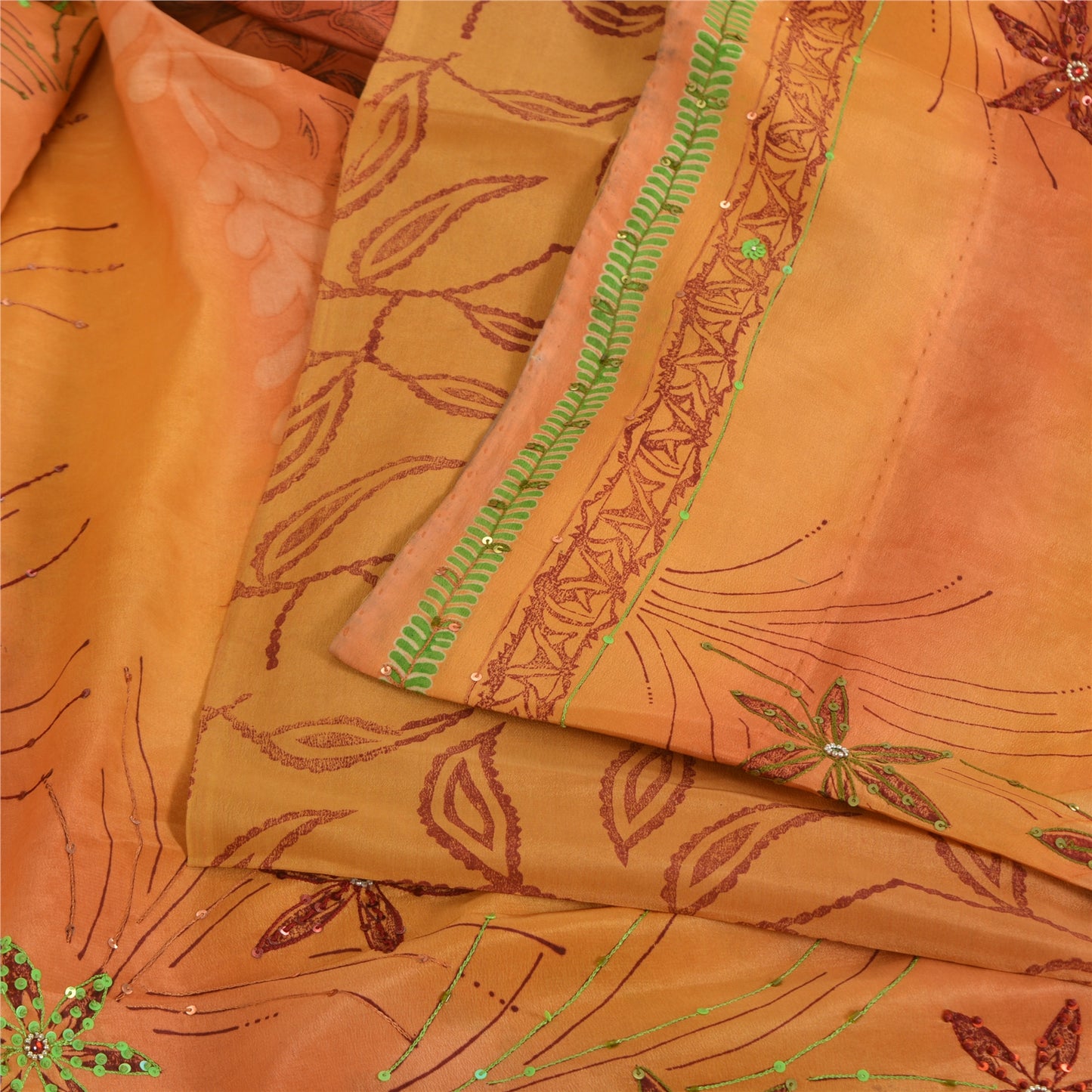 Sanskriti Vintage Sarees Orange Hand Beaded Pure Crepe Sari 5yd Craft Sustainable Fabric