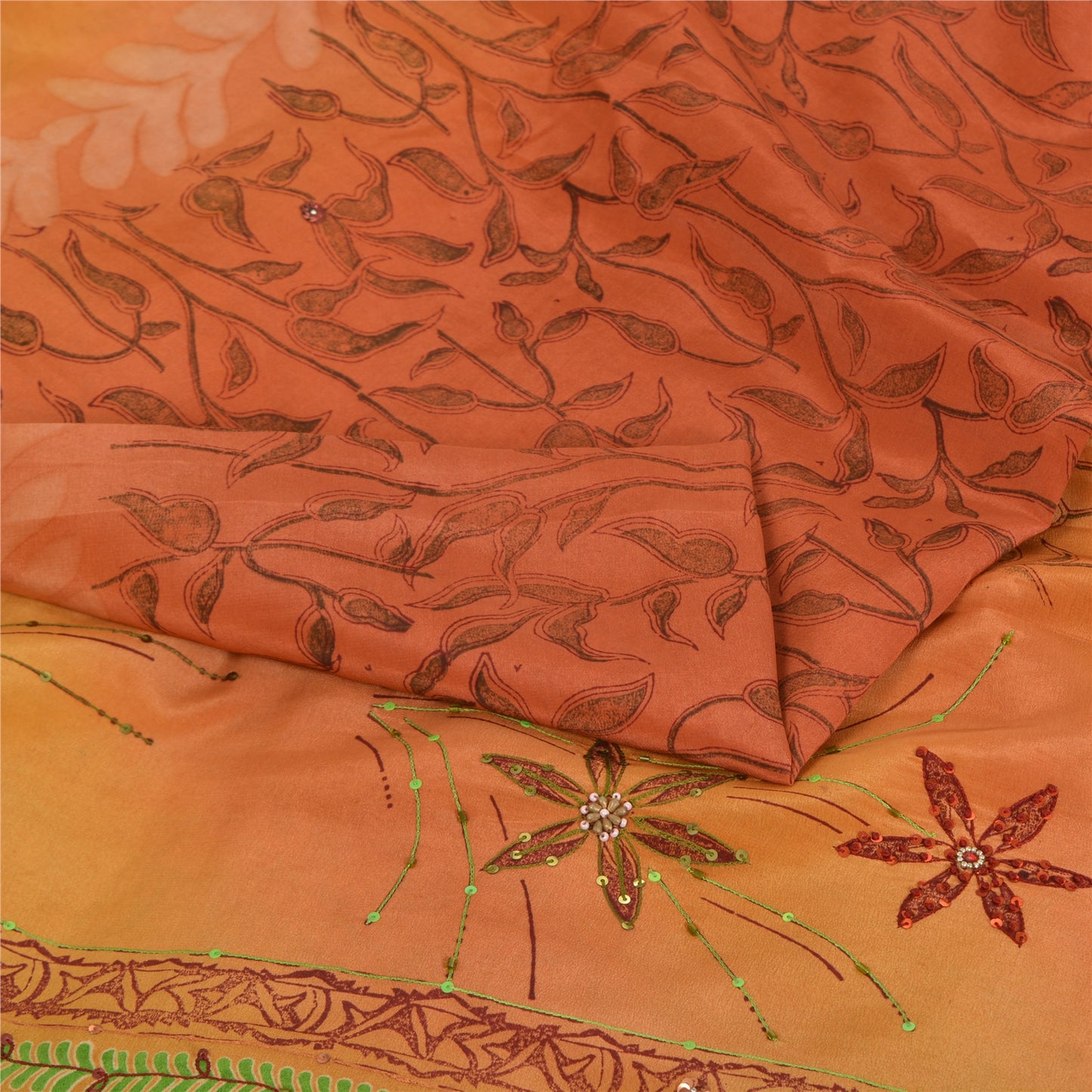 Sanskriti Vintage Sarees Orange Hand Beaded Pure Crepe Sari 5yd Craft Sustainable Fabric