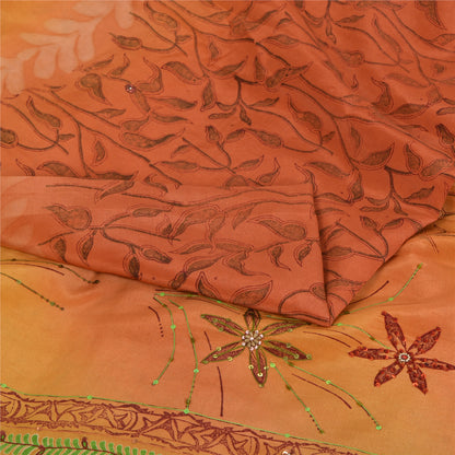Sanskriti Vintage Sarees Orange Hand Beaded Pure Crepe Sari 5yd Craft Sustainable Fabric