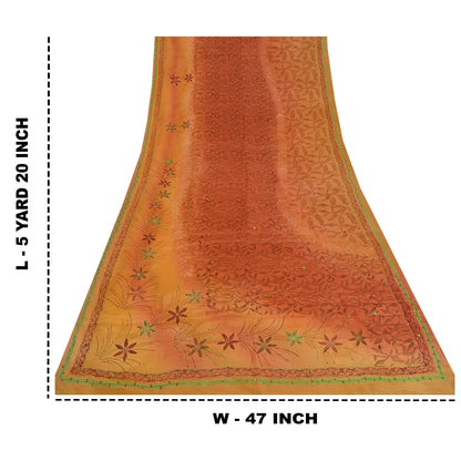 Sanskriti Vintage Sarees Orange Hand Beaded Pure Crepe Sari 5yd Craft Sustainable Fabric