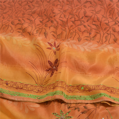 Sanskriti Vintage Sarees Orange Hand Beaded Pure Crepe Sari 5yd Craft Sustainable Fabric