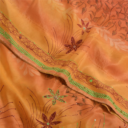 Sanskriti Vintage Sarees Orange Hand Beaded Pure Crepe Sari 5yd Craft Sustainable Fabric
