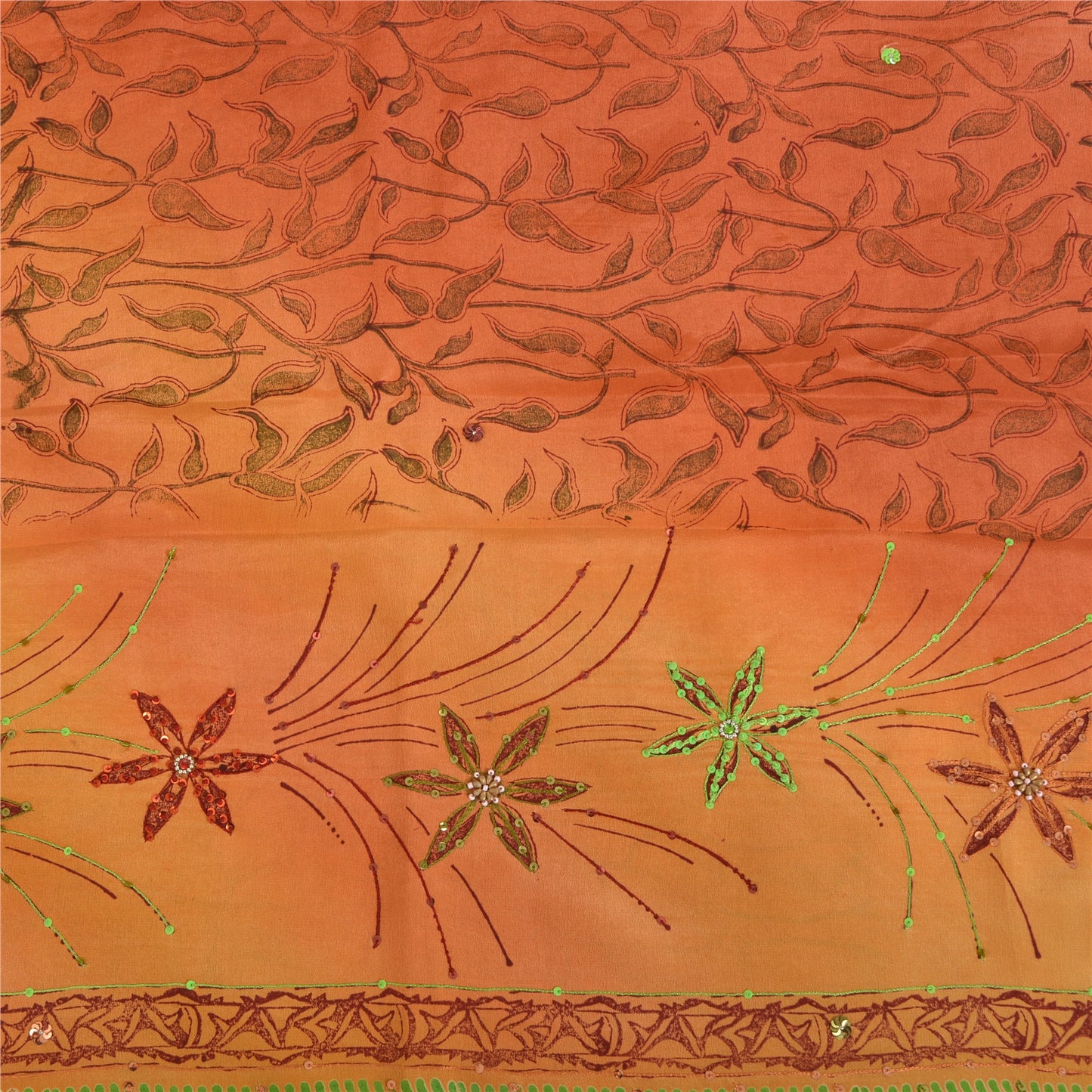 Sanskriti Vintage Sarees Orange Hand Beaded Pure Crepe Sari 5yd Craft Sustainable Fabric