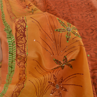 Sanskriti Vintage Sarees Orange Hand Beaded Pure Crepe Sari 5yd Craft Sustainable Fabric