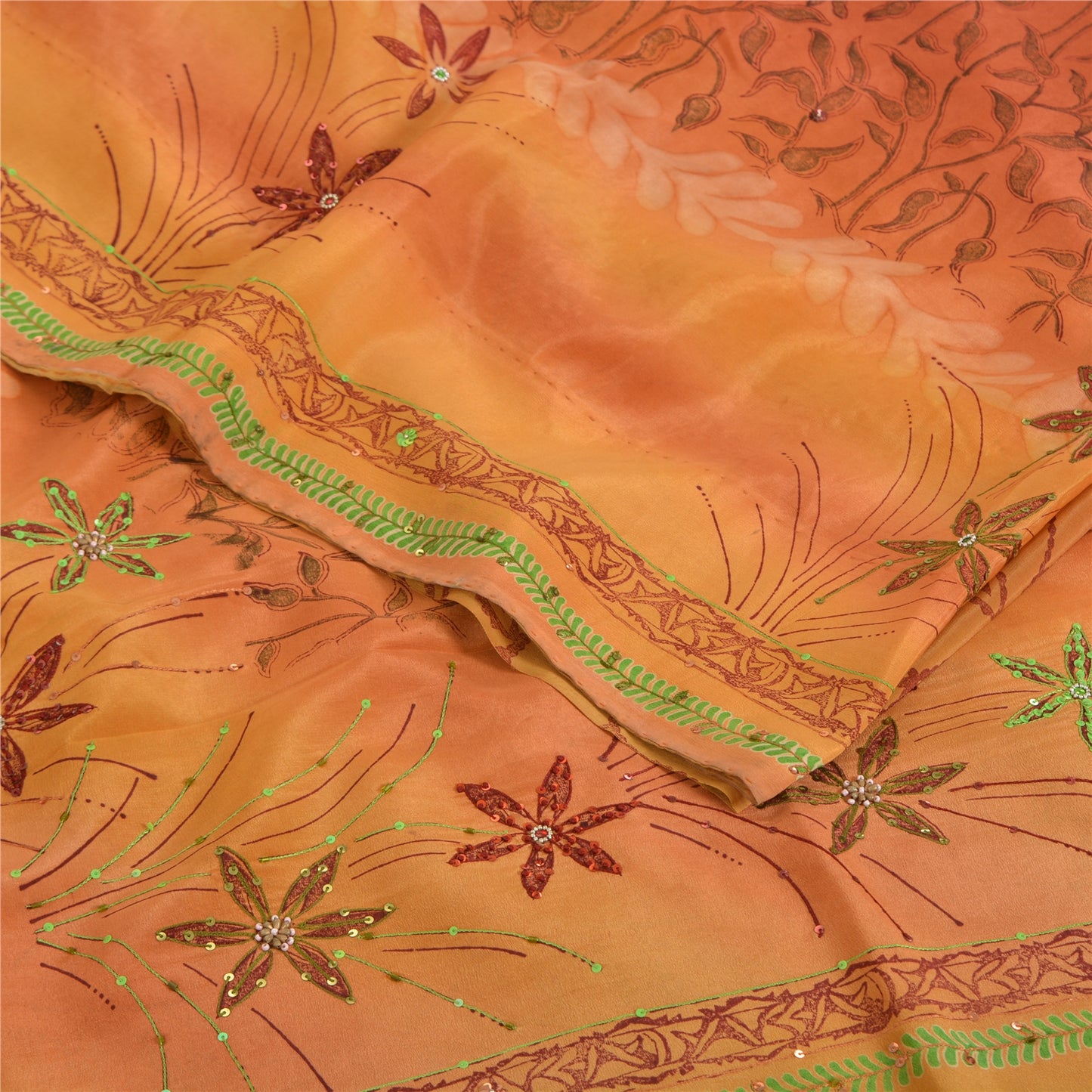 Sanskriti Vintage Sarees Orange Hand Beaded Pure Crepe Sari 5yd Craft Sustainable Fabric