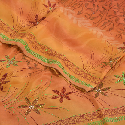 Sanskriti Vintage Sarees Orange Hand Beaded Pure Crepe Sari 5yd Craft Sustainable Fabric