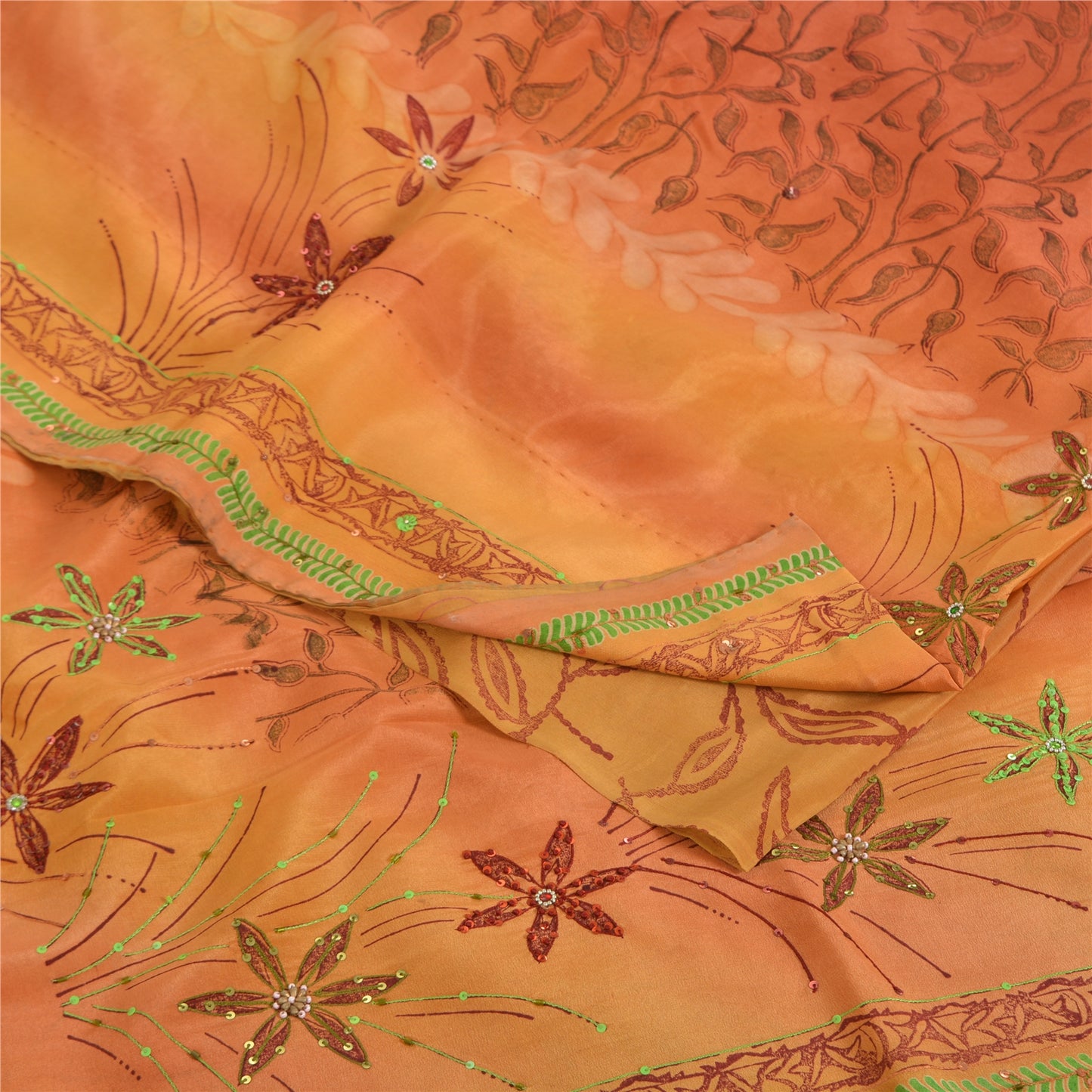 Sanskriti Vintage Sarees Orange Hand Beaded Pure Crepe Sari 5yd Craft Sustainable Fabric