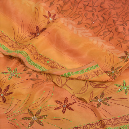 Sanskriti Vintage Sarees Orange Hand Beaded Pure Crepe Sari 5yd Craft Sustainable Fabric