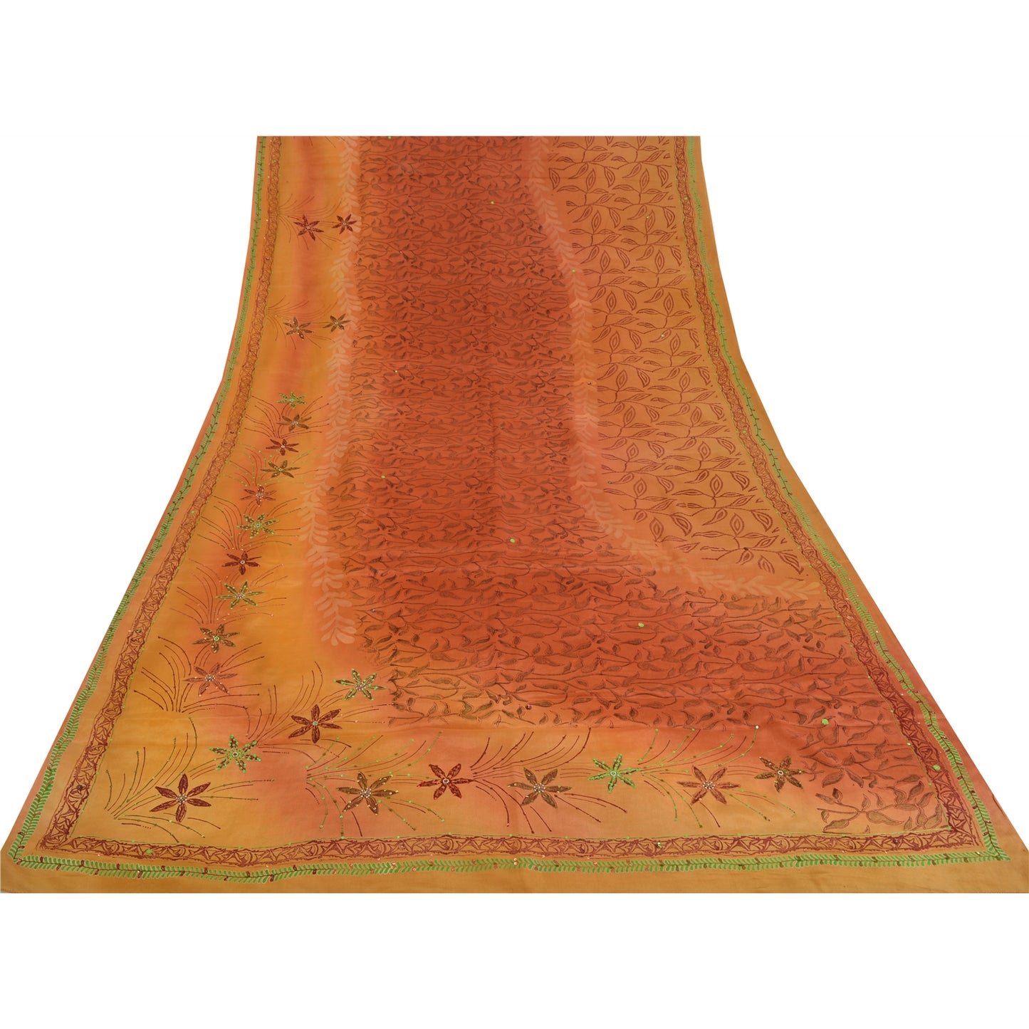 Sanskriti Vintage Sarees Orange Hand Beaded Pure Crepe Sari 5yd Craft Sustainable Fabric