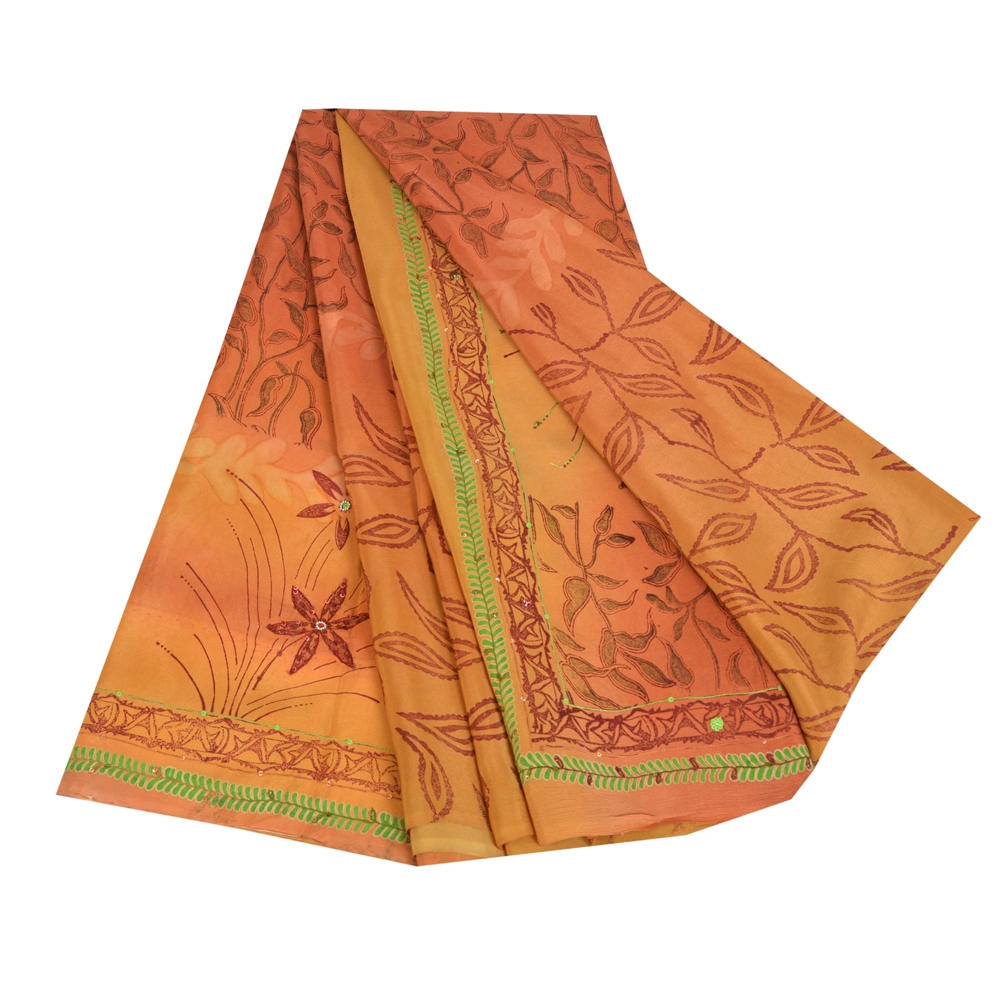 Sanskriti Vintage Sarees Orange Hand Beaded Pure Crepe Sari 5yd Craft Sustainable Fabric
